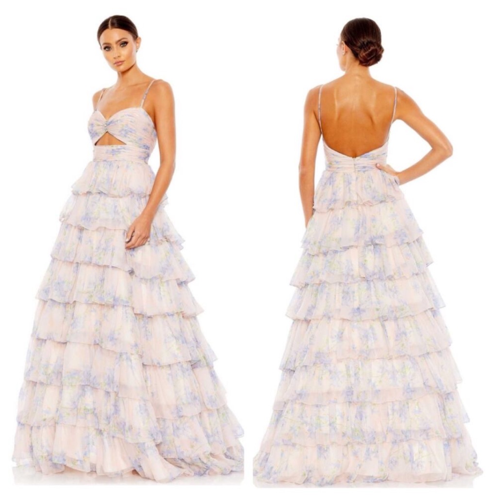 Mac Duggal Floral Cut Out Ruffle Layered Gown